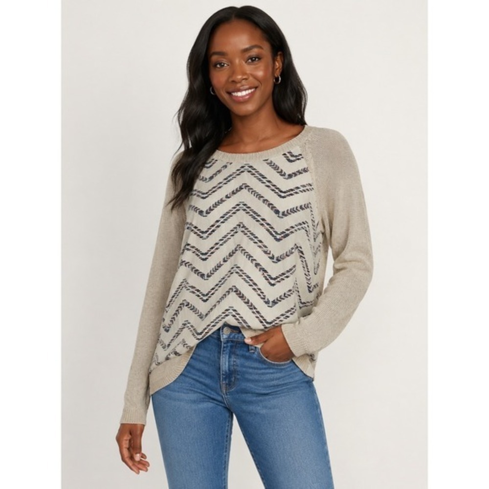 DKNY Women's Mixed Media Top - Size Medium - Beige with Chevron Design